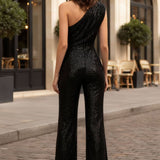 Sequin One-Shoulder Wide-Leg Jumpsuit