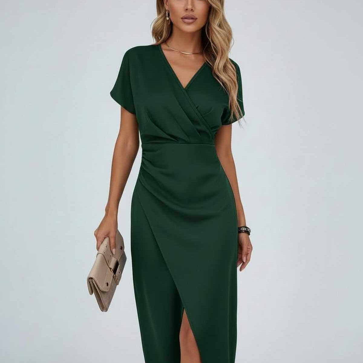 Wrap Midi Dress with V-Neck and Split Hem