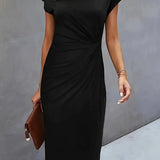 Ruched Bodycon Midi Dress with Crew Neck