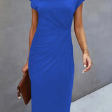 Ruched Bodycon Midi Dress with Crew Neck