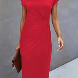 Ruched Bodycon Midi Dress with Crew Neck