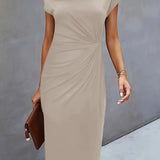 Ruched Bodycon Midi Dress with Crew Neck