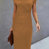Ruched Bodycon Midi Dress with Crew Neck