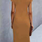 Ruched Bodycon Midi Dress with Crew Neck