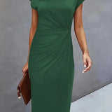 Ruched Bodycon Midi Dress with Crew Neck