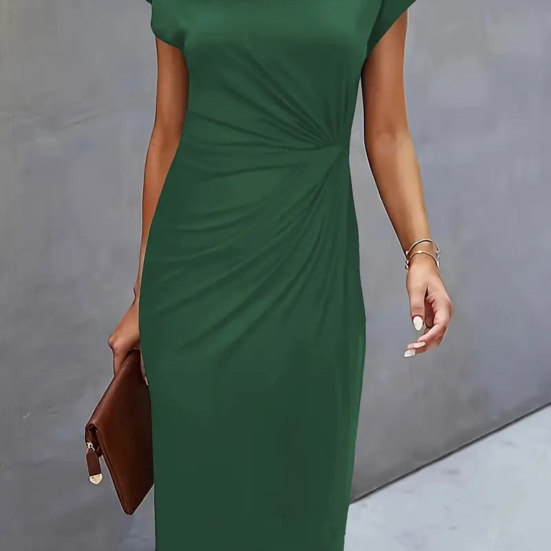 Ruched Bodycon Midi Dress with Crew Neck