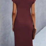 Ruched Bodycon Midi Dress with Crew Neck