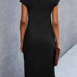 Ruched Bodycon Midi Dress with Crew Neck
