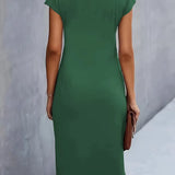 Ruched Bodycon Midi Dress with Crew Neck