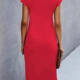Ruched Bodycon Midi Dress with Crew Neck