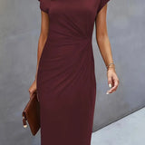Ruched Bodycon Midi Dress with Crew Neck