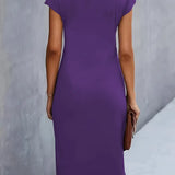 Ruched Bodycon Midi Dress with Crew Neck
