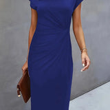 Ruched Bodycon Midi Dress with Crew Neck