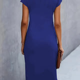 Ruched Bodycon Midi Dress with Crew Neck