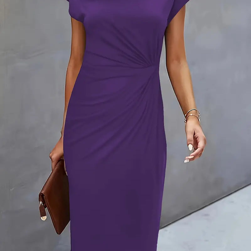Ruched Bodycon Midi Dress with Crew Neck