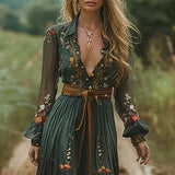 Belted V-Neck Floral Maxi Dress with Balloon Sleeve