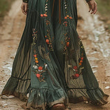 Belted V-Neck Floral Maxi Dress with Balloon Sleeve