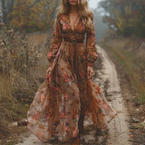 Belted V-Neck Floral Maxi Dress with Balloon Sleeve