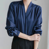 Women's Wrap Front Blouse – V-Neck Long Sleeve Top with Draped Waist for Office Wear