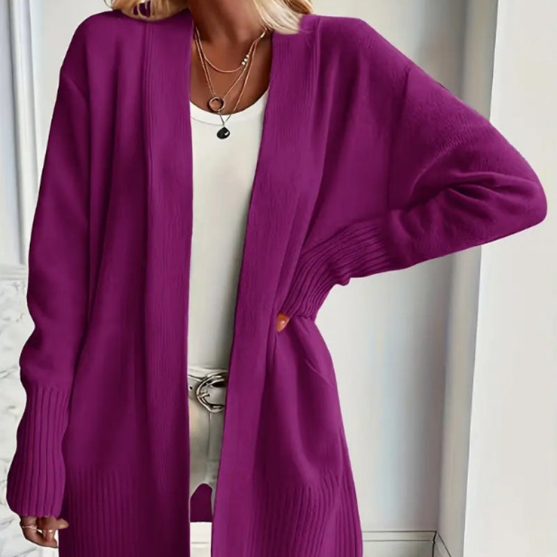 Open-Front Long Cardigan with Patch Pockets and Ribbed Cuff