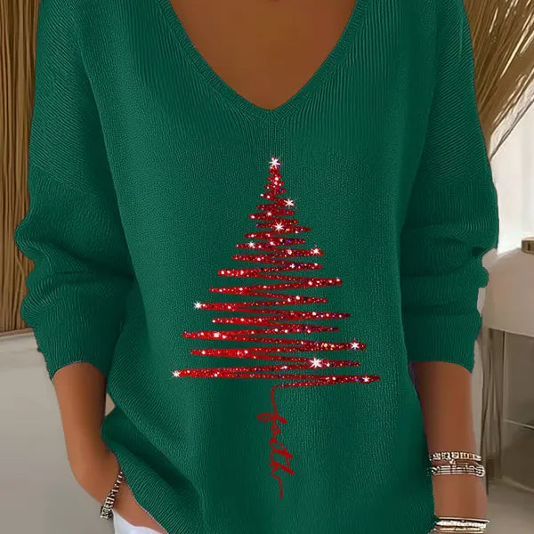 Christmas Sweater for Women V Neck Knit Pullover with Christmas Tree Print and Long Sleeves for Holiday Season
