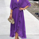 Wrap Midi Dress with Ruffled Hem and V-Neck