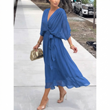 Wrap Midi Dress with Ruffled Hem and V-Neck