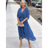 Wrap Midi Dress with Ruffled Hem and V-Neck