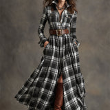 Belted Plaid Maxi Shirt Dress with Collar and Button Front