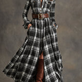 Belted Plaid Maxi Shirt Dress with Collar and Button Front