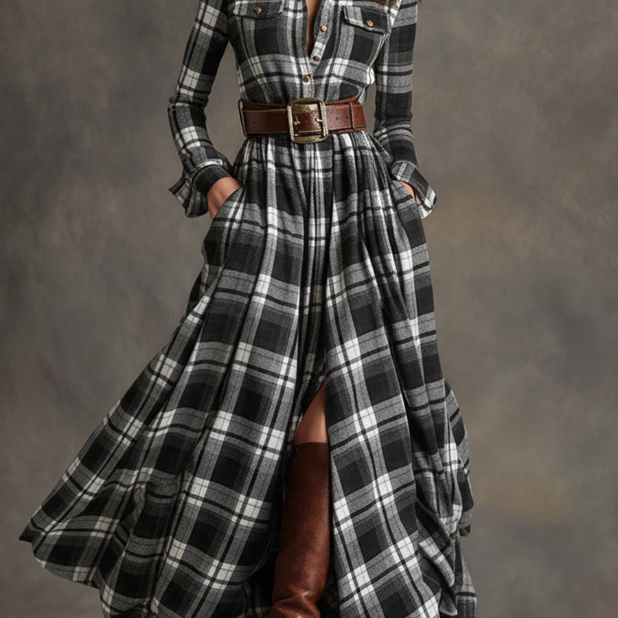 Belted Plaid Maxi Shirt Dress with Collar and Button Front