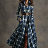 Belted Plaid Maxi Shirt Dress with Collar and Button Front