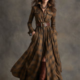 Belted Plaid Maxi Shirt Dress with Collar and Button Front