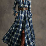 Belted Plaid Maxi Shirt Dress with Collar and Button Front