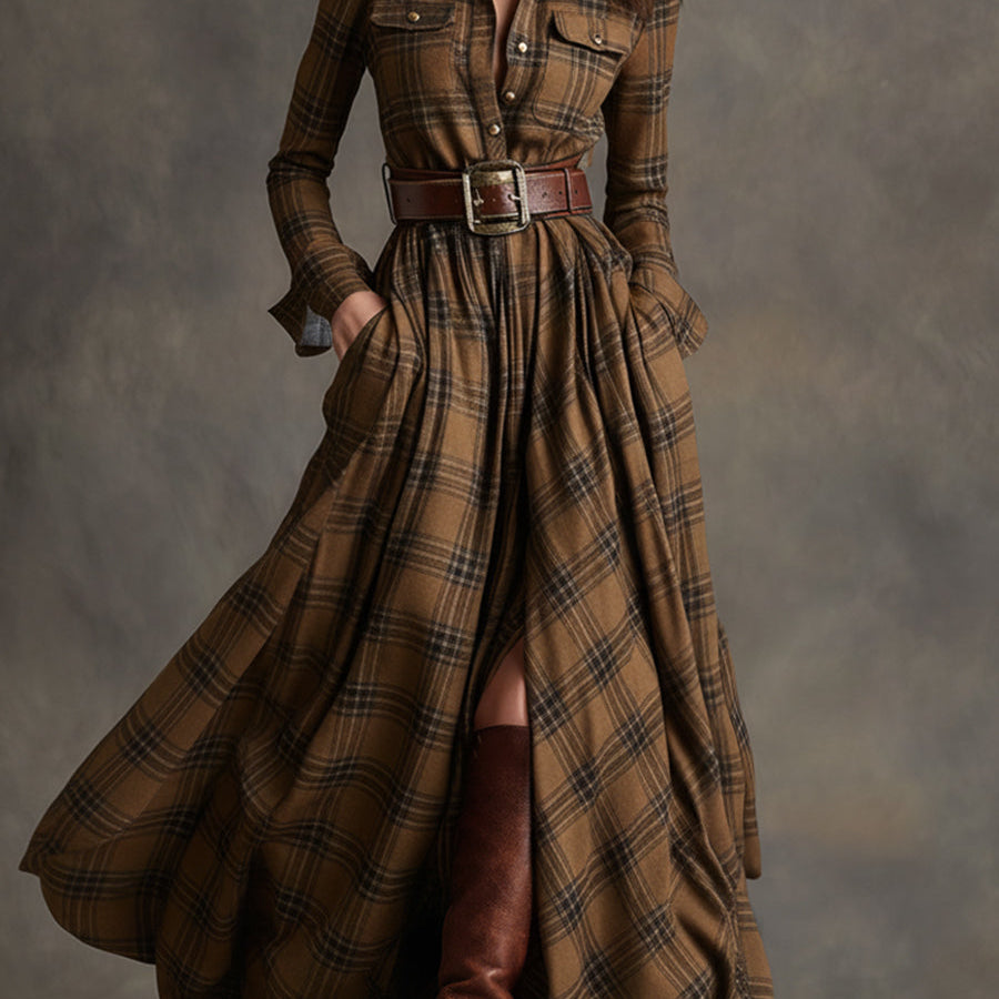 Belted Plaid Maxi Shirt Dress with Collar and Button Front