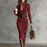 Bodycon Ribbed Knit Midi Dress with Collared V-Neck