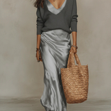 Draped Satin Slip Maxi Dress with Spaghetti Straps and V-Neck