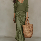 Draped Satin Slip Maxi Dress with Spaghetti Straps and V-Neck