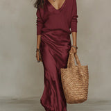 Draped Satin Slip Maxi Dress with Spaghetti Straps and V-Neck