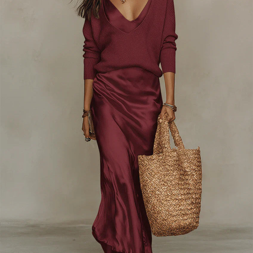 Draped Satin Slip Maxi Dress with Spaghetti Straps and V-Neck