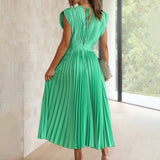 Satin Pleated Flare Midi Dress with Cap Sleeves