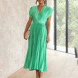 Satin Pleated Flare Midi Dress with Cap Sleeves