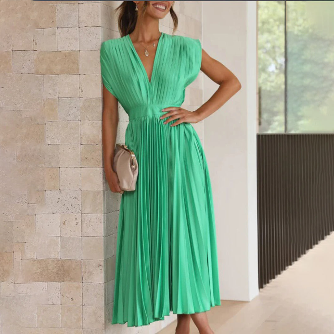 Satin Pleated Flare Midi Dress with Cap Sleeves