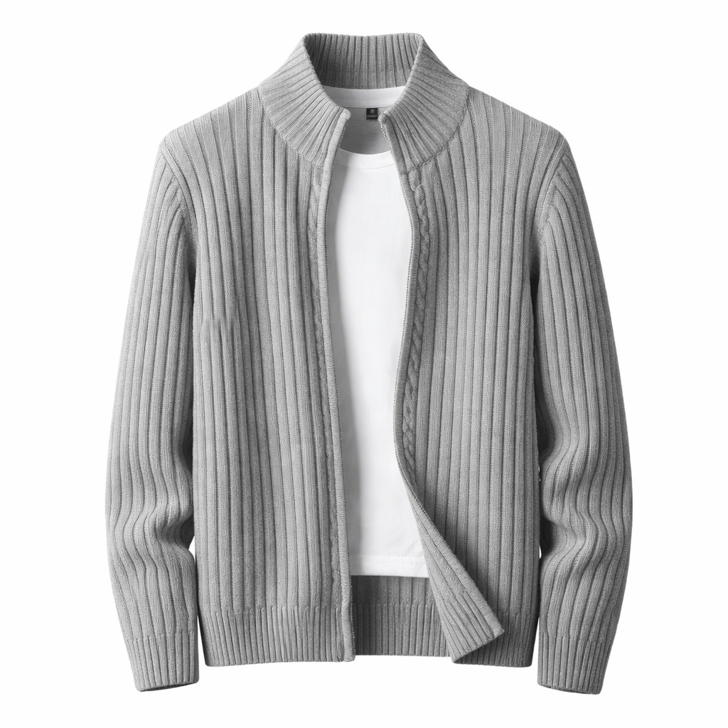 Full-Zip Ribbed Knit Cardigan with Mock Neck