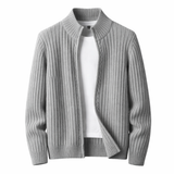 Full-Zip Ribbed Knit Cardigan with Mock Neck