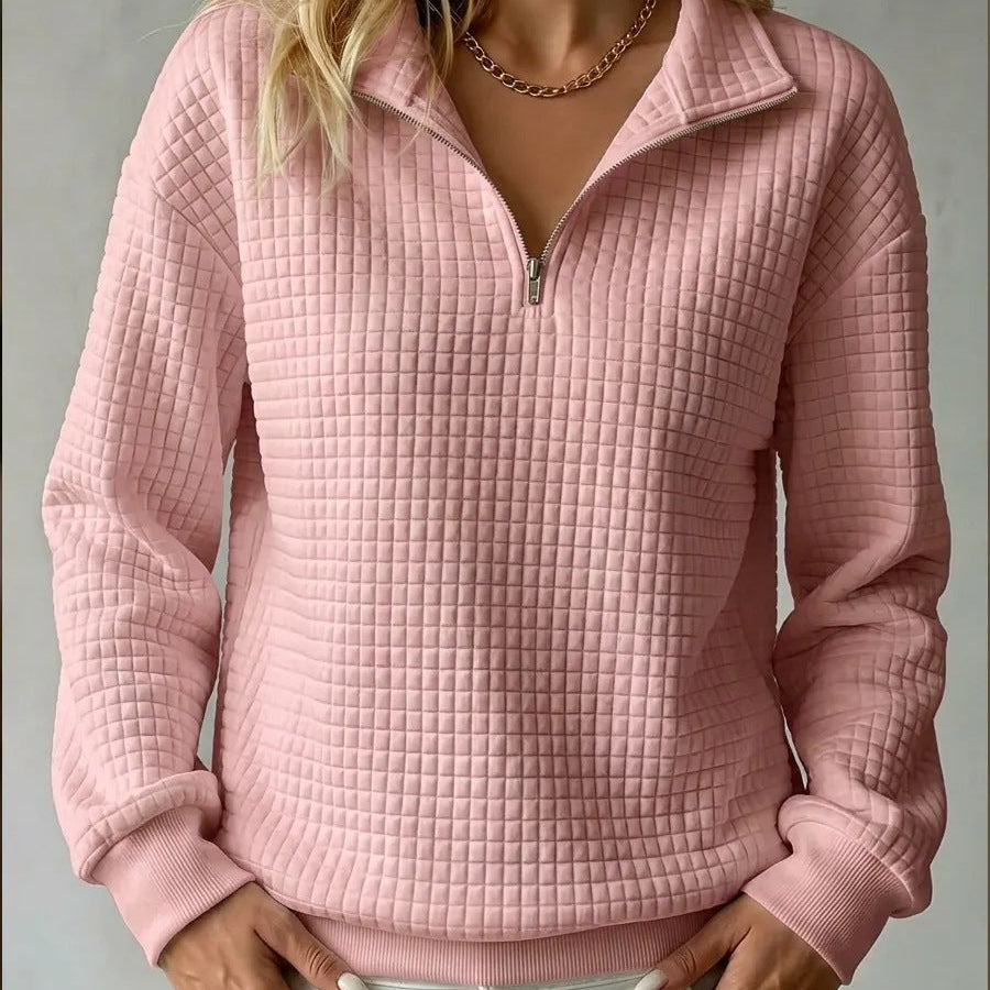 Women's Half Zip Sweater with Quilted Texture and Ribbed Cuffs