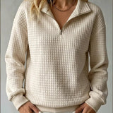 Women's Half Zip Sweater with Quilted Texture and Ribbed Cuffs
