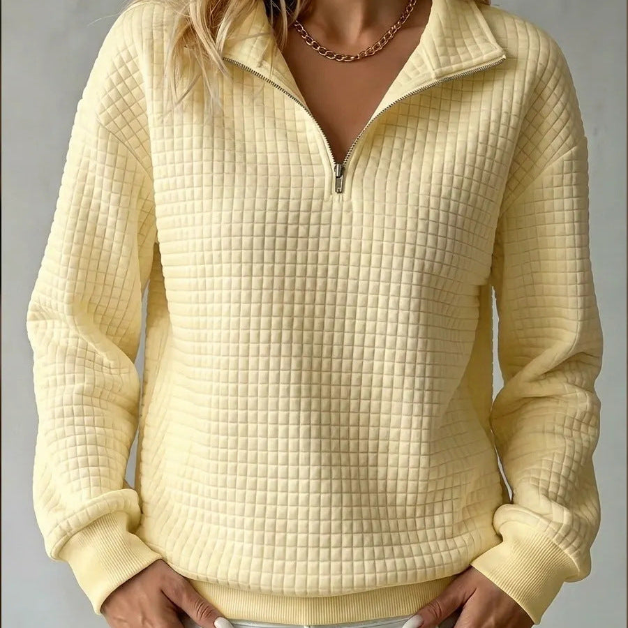 Women's Half Zip Sweater with Quilted Texture and Ribbed Cuffs