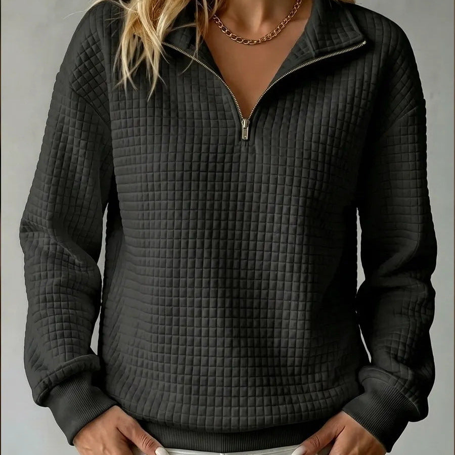 Women's Half Zip Sweater with Quilted Texture and Ribbed Cuffs