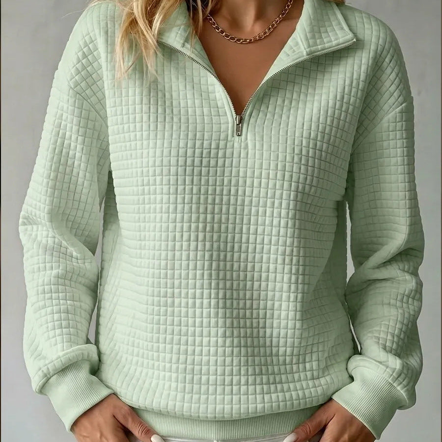 Women's Half Zip Sweater with Quilted Texture and Ribbed Cuffs